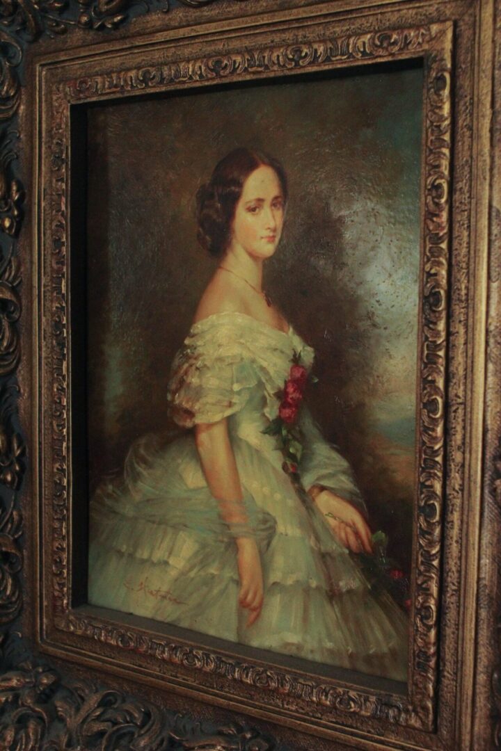 Classical portrait painting — young woman in green gown with gilded frame